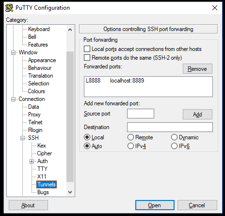 picture of the putty config screen for tunnels